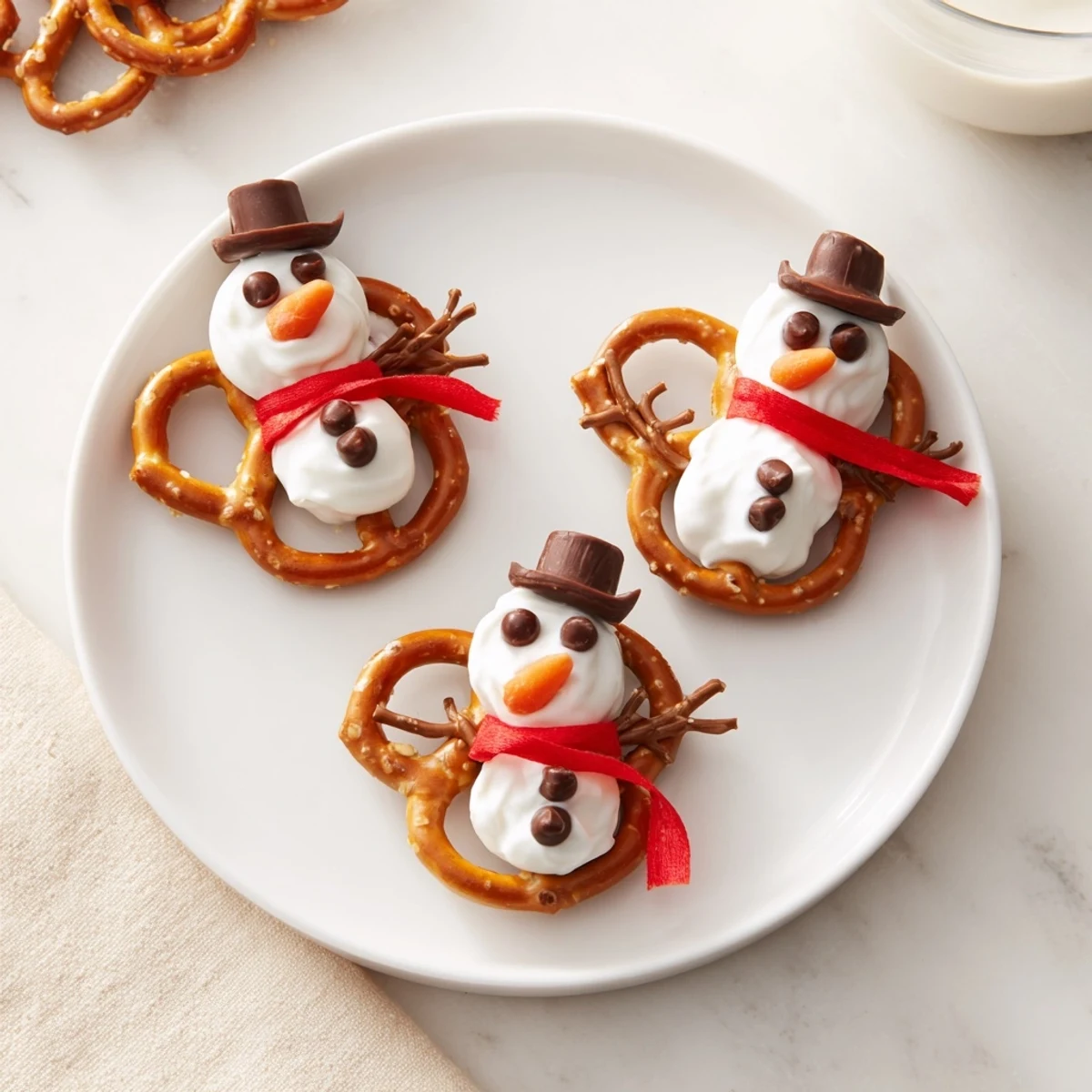 A platter displaying adorable snowman pretzel creations with creamy dips for snacking.