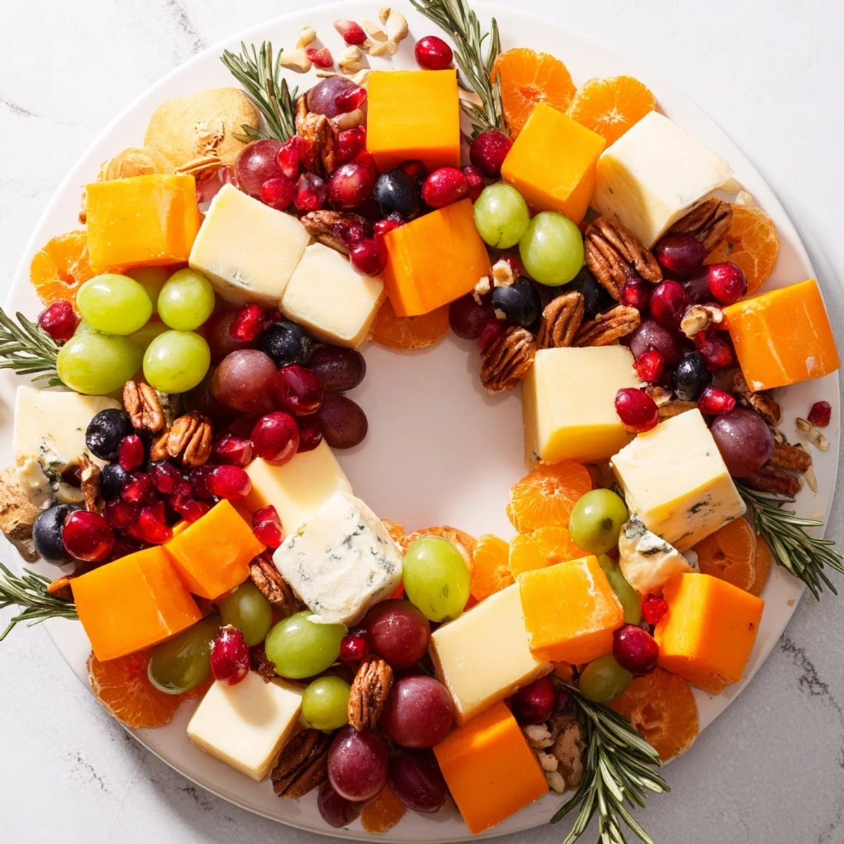 Festive Holiday Wreath Cheese Ring decorated with grapes, olives, and rosemary for easy entertaining.