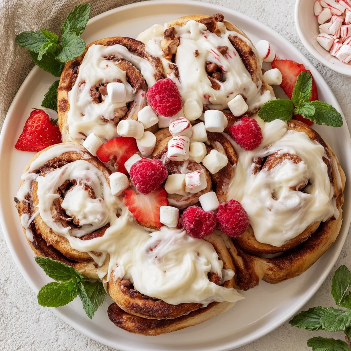 Fluffy North Pole Cinnamon Roll Board, dripping with creamy frosting and holiday toppings, ready to enjoy.