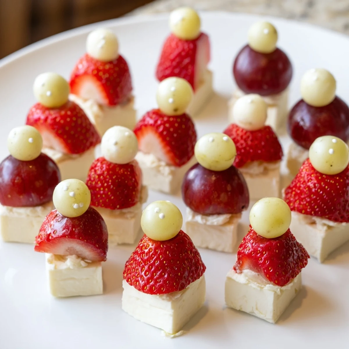 A large platter of Santa Hat Fruit and Cheese Platter boasts colorful fresh treats.
