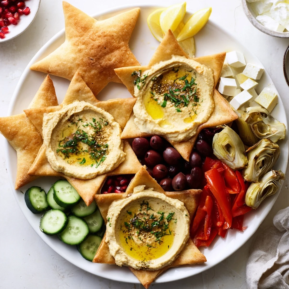 Festive Three Kings Star Pita Board with crispy star pita, colorful dips, and fresh vegetables ready to serve.