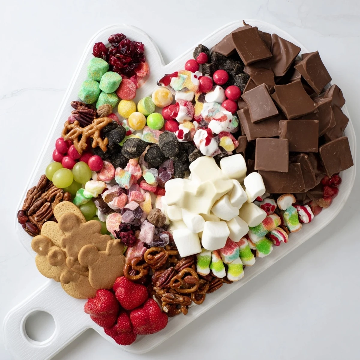 Cozy Mitten Dessert Board overflowing with chocolates, candies, and cookies, perfect for winter gatherings.