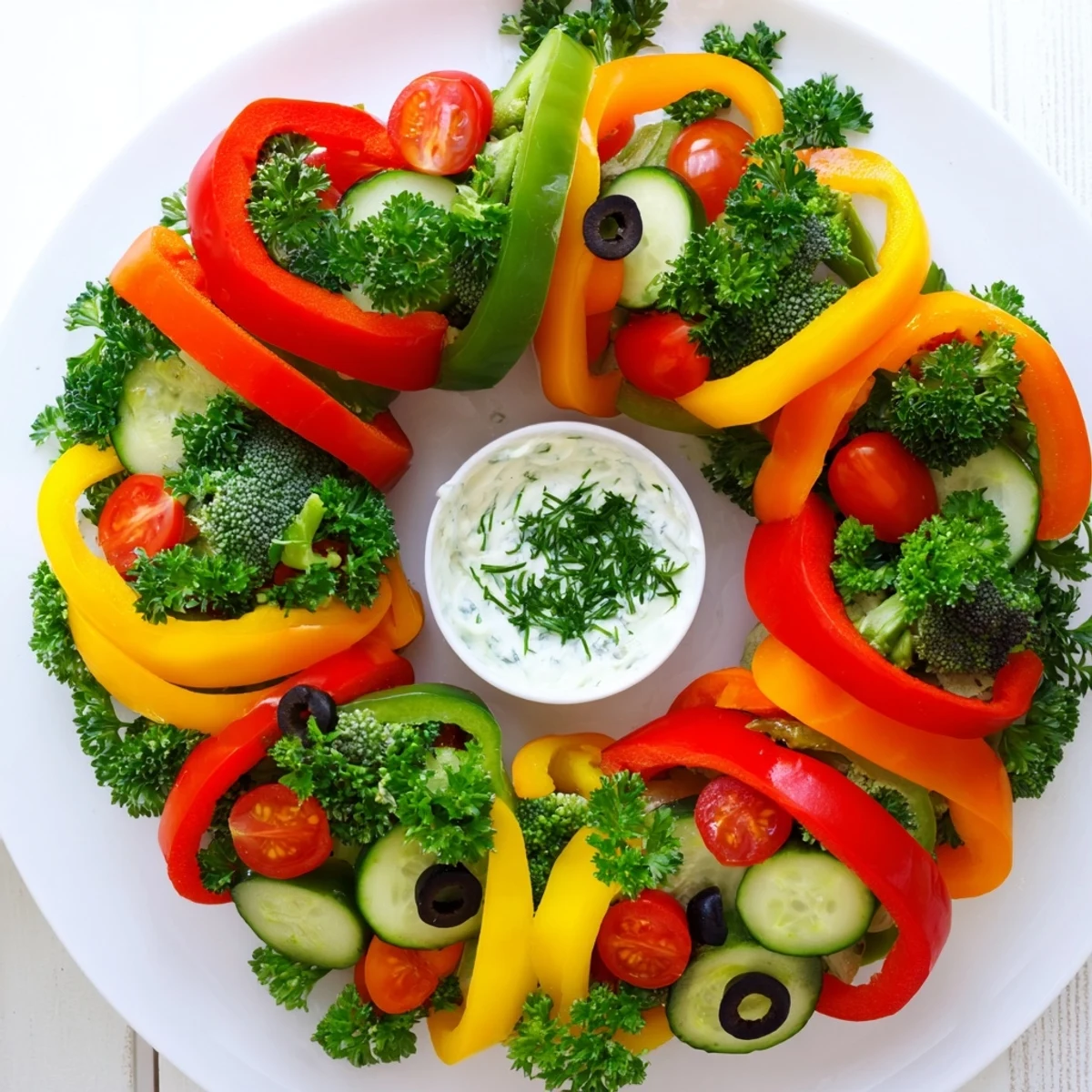 Vibrant Festive Bell Pepper Wreath appetizer, colorful peppers arranged as a holiday wreath alongside creamy veggie dip.