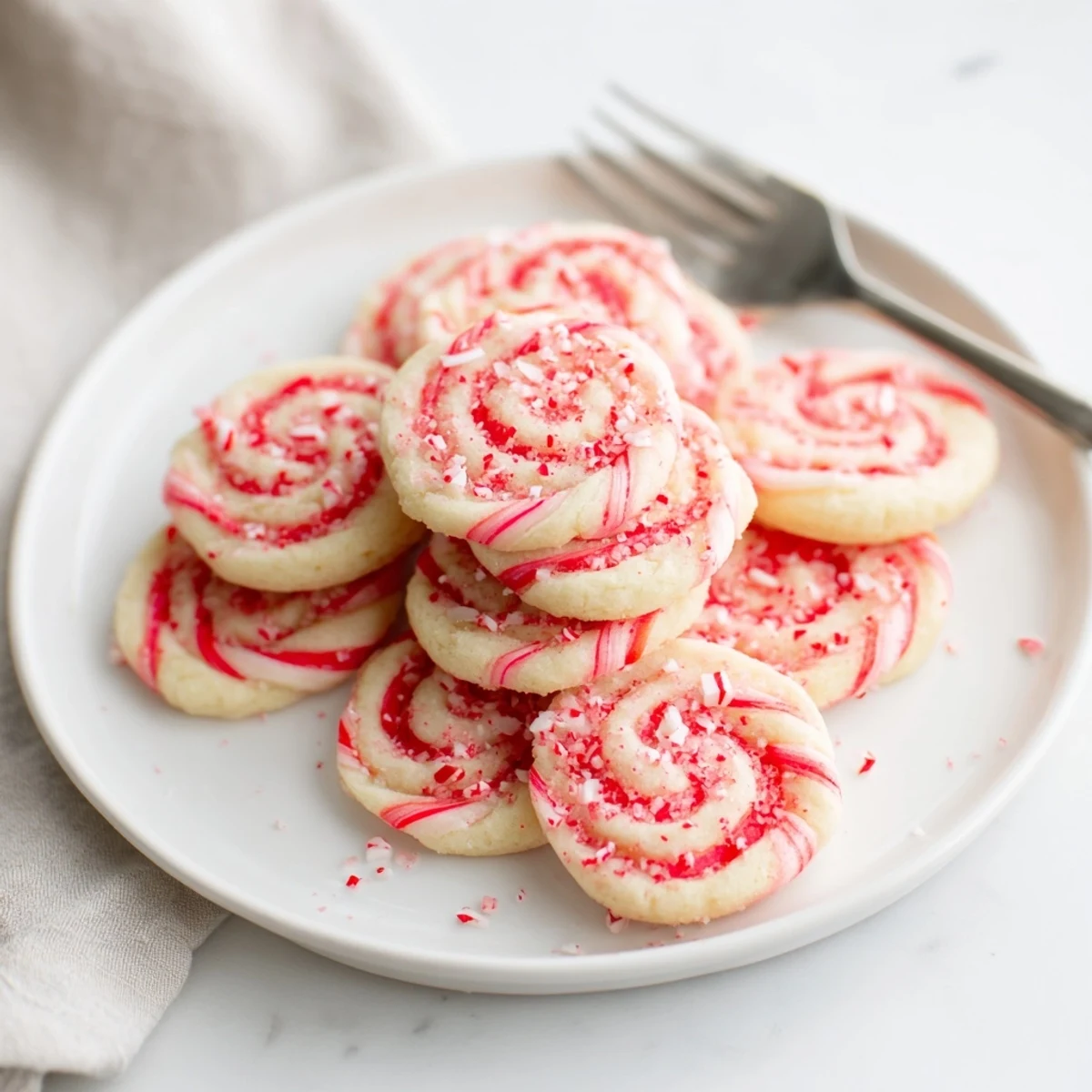 Close-up of Candy Cane Swirl Cookie Platter cookies, showing their festive red and white swirled details.