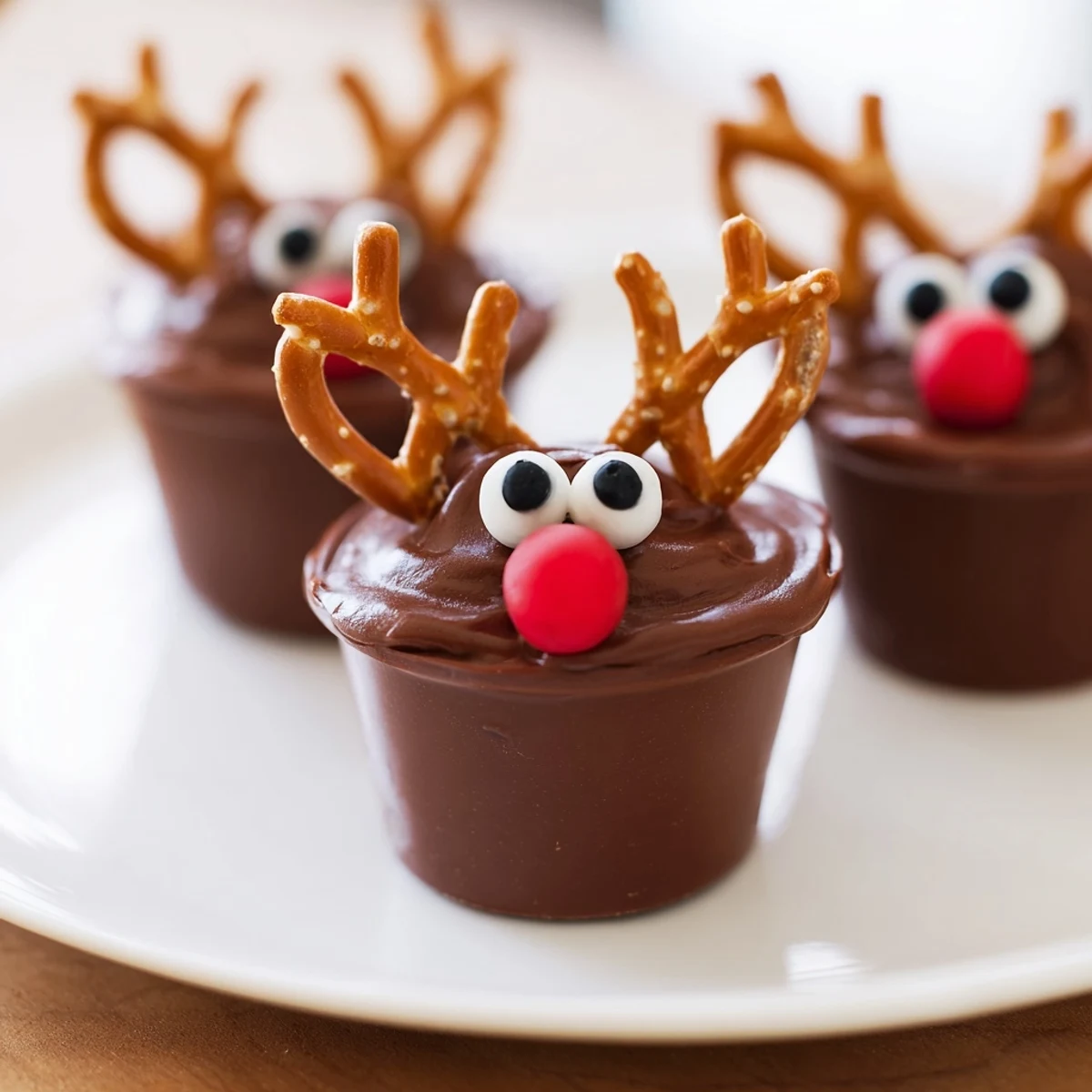 Chocolate Reindeer Pudding Cups arranged on a festive board, with red noses and pretzel antlers ready to eat.