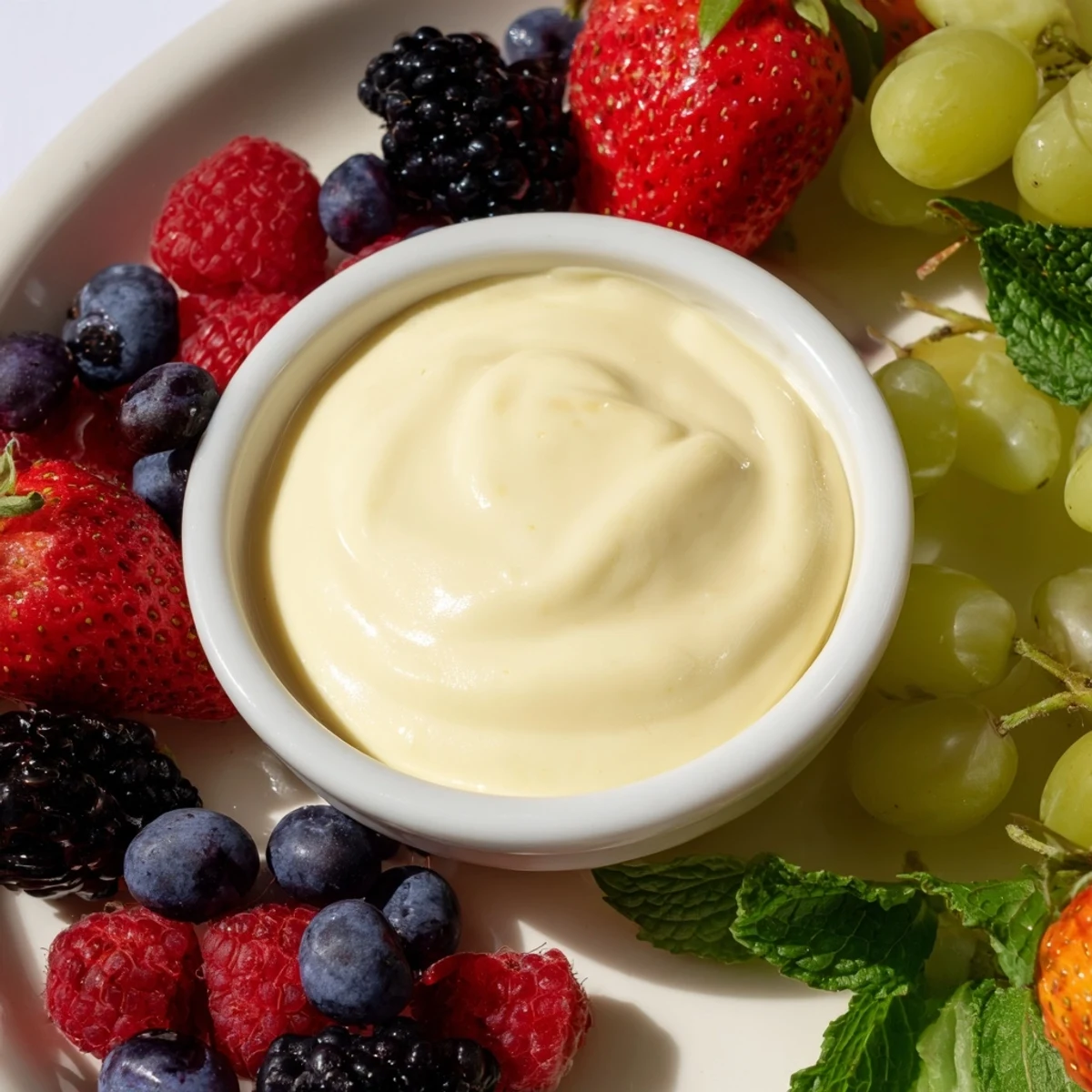 Bright photo of Mistletoe Kiss Berry Dip Board: A colorful array of berries surrounding the creamy, zesty dip.