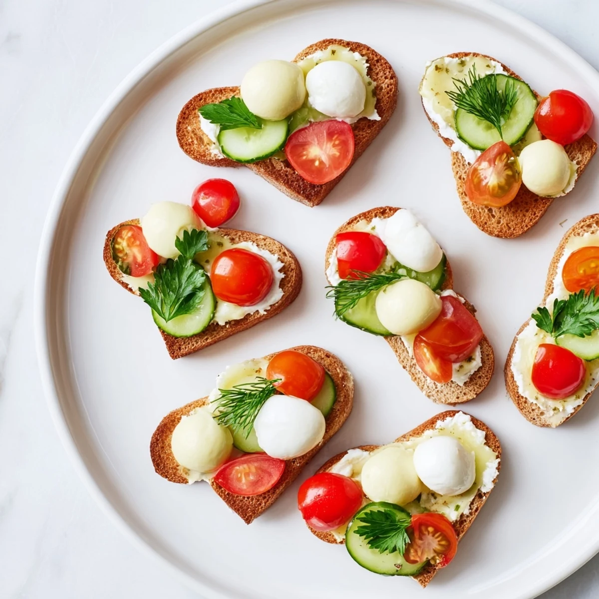 A close-up of vibrant, savory elf shoe toast bites with fresh herbs and creamy toppings.