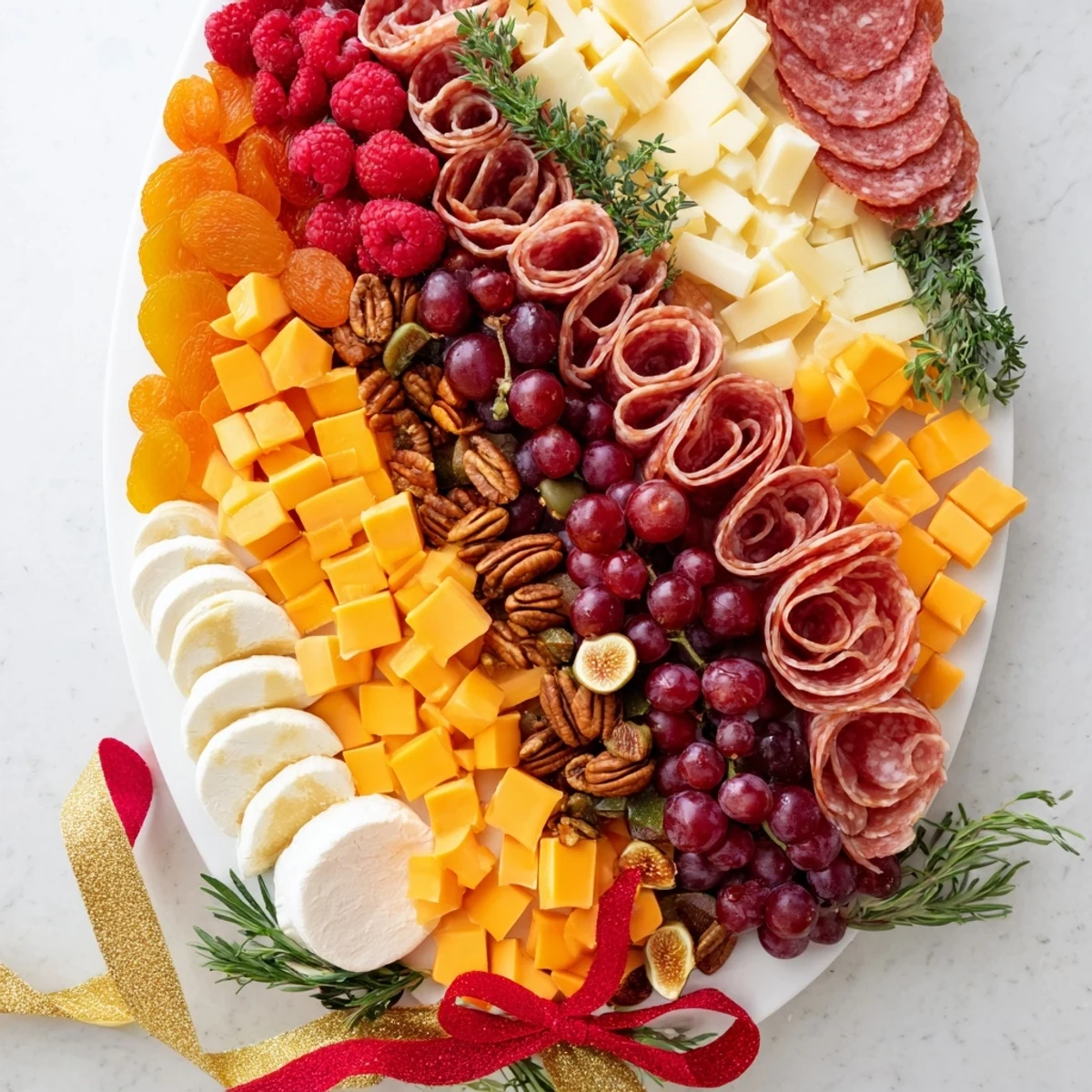 A stunning meat and cheese festive stocking charcuterie board overflowing with savory and sweet delights.