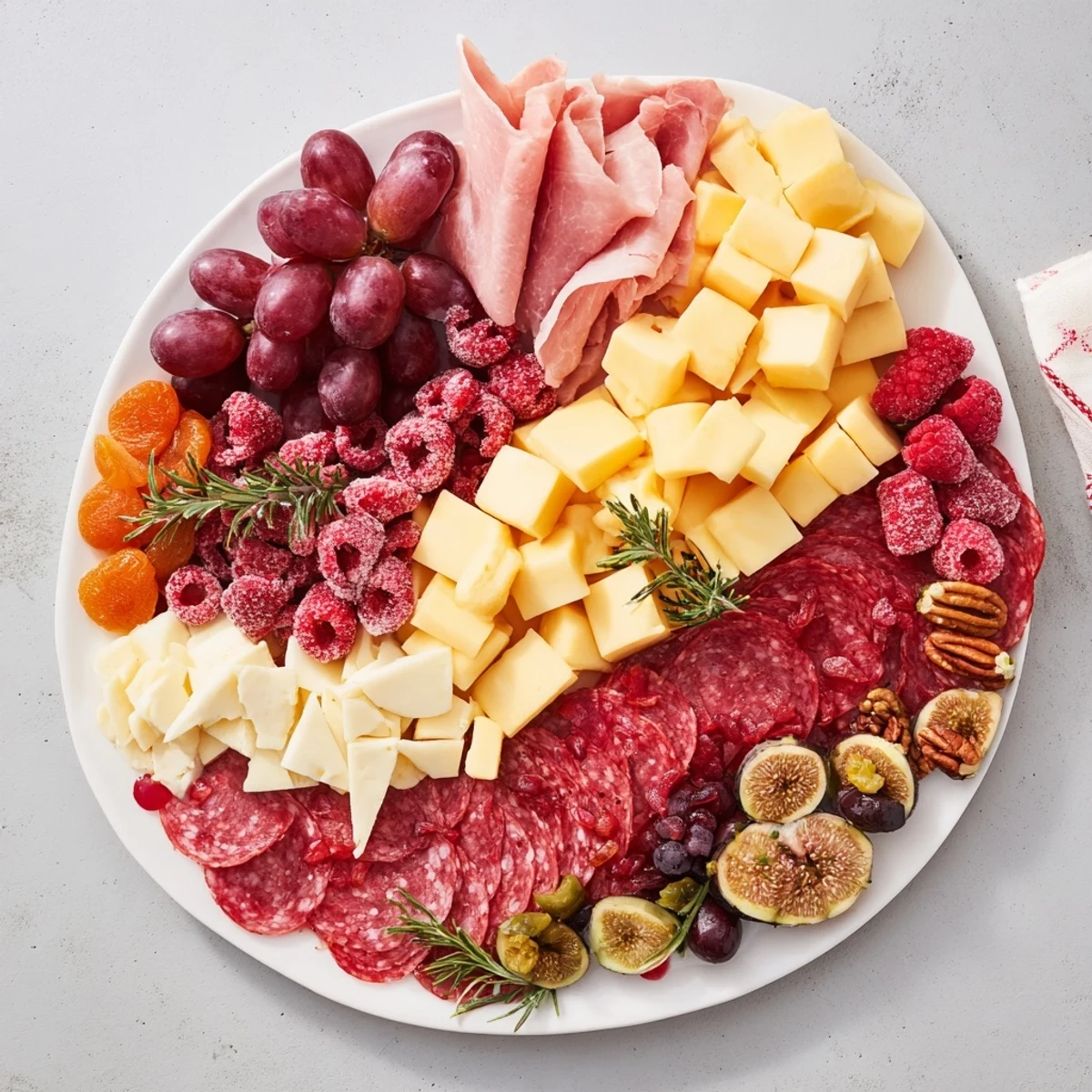 Holiday appetizer: A colorful meat and cheese festive stocking charcuterie board, perfect for sharing.