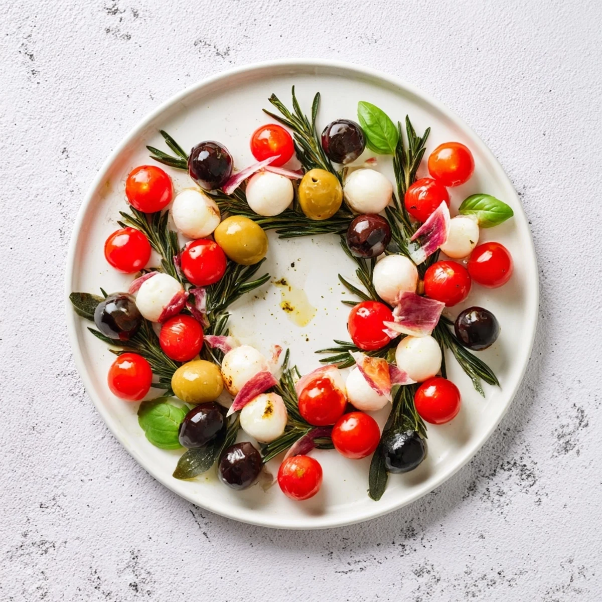 A vibrant appetizer wreath: olives, tomatoes, and mozzarella arranged in a ring.