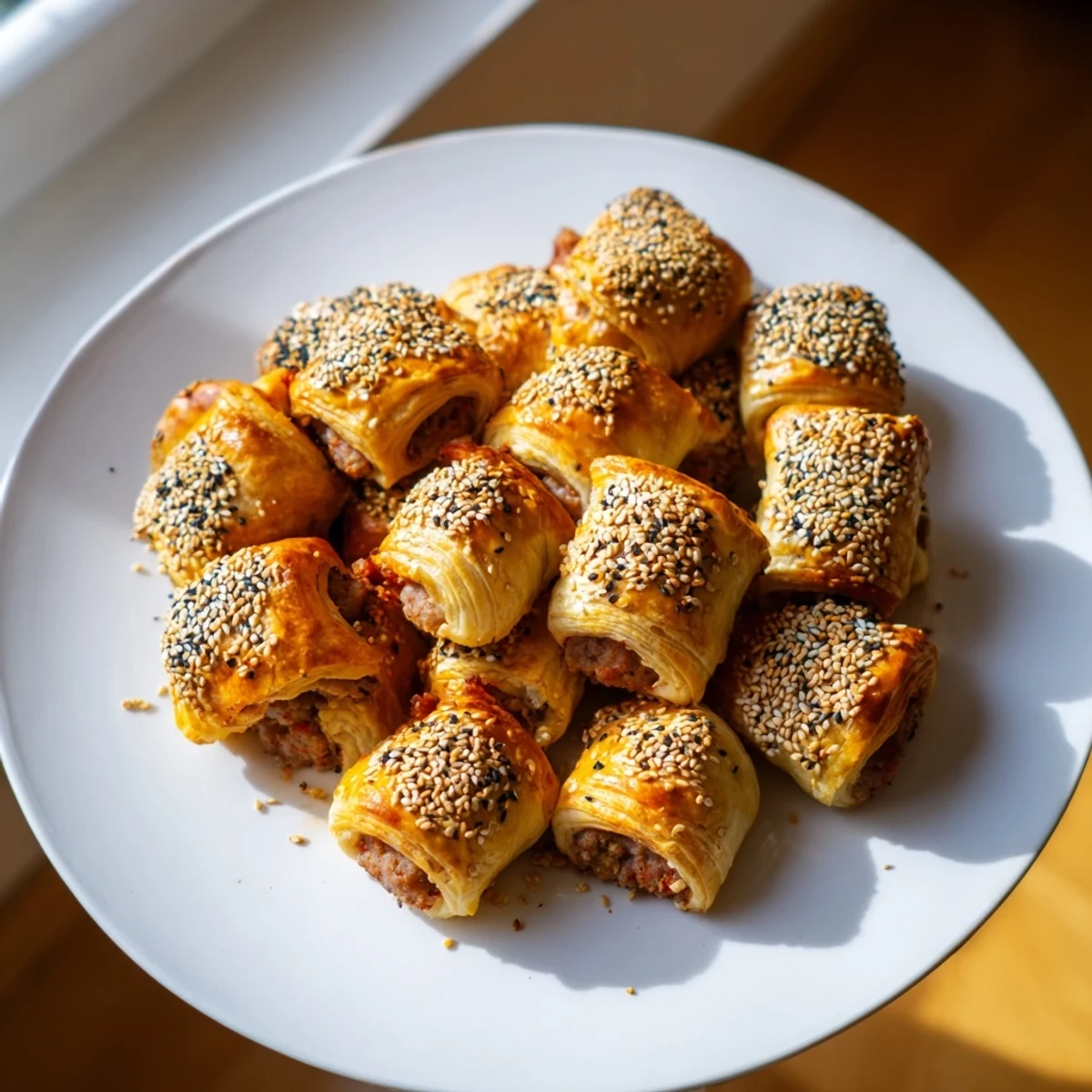 Golden-brown savory bites: the mini sausage roll half-circle wreath, perfect for holiday gatherings.