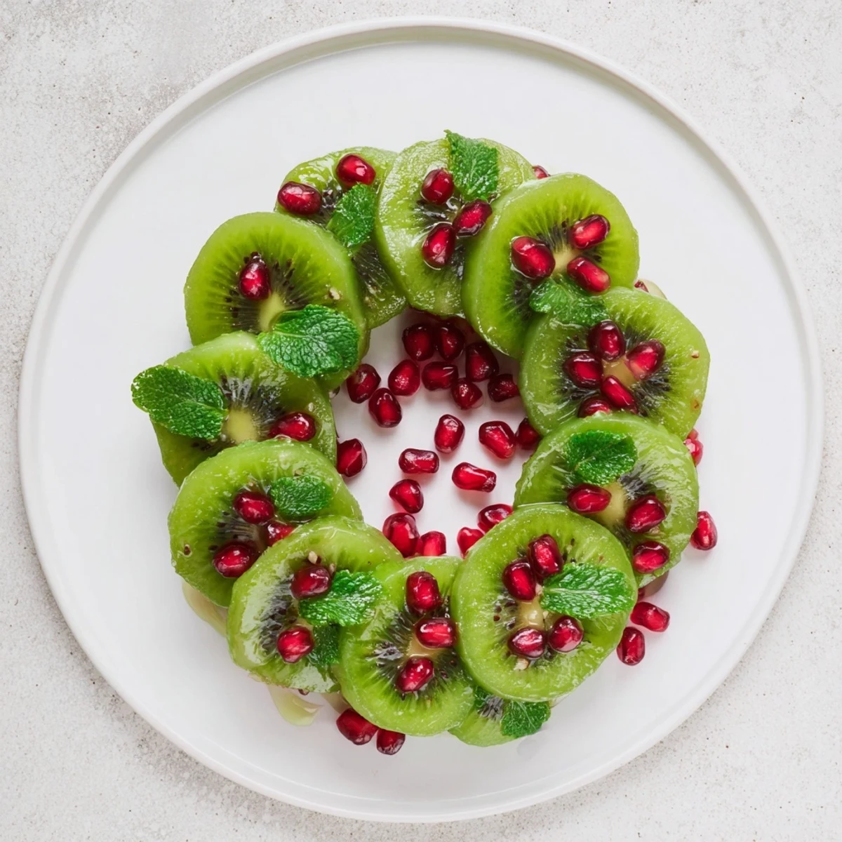 A stunning kiwi and pomegranate Christmas wreath, showcasing glistening red seeds, ready to serve as a festive dessert.