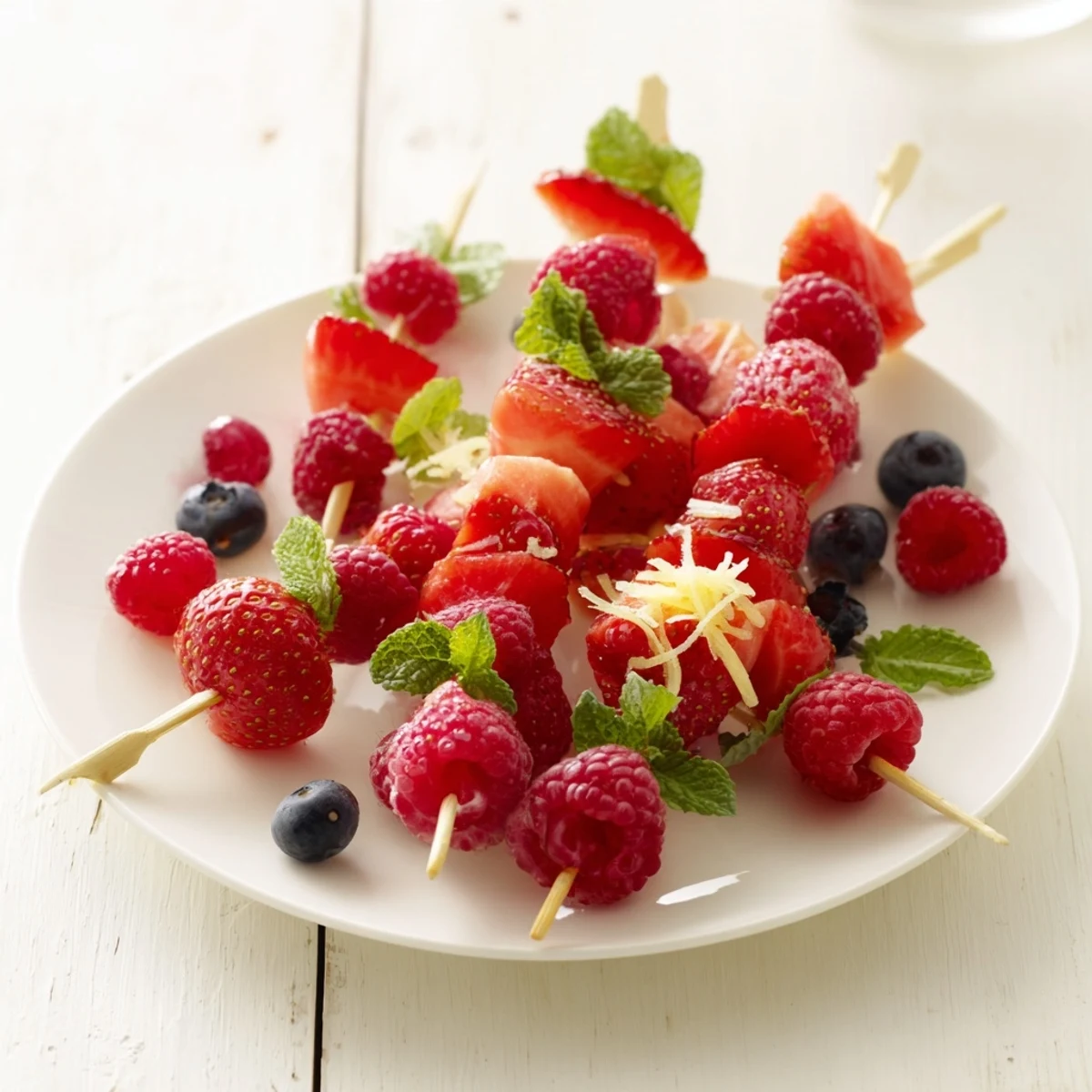 Skewers of fresh berries and mint leaves, a delightful, simple fruit skewer recipe.