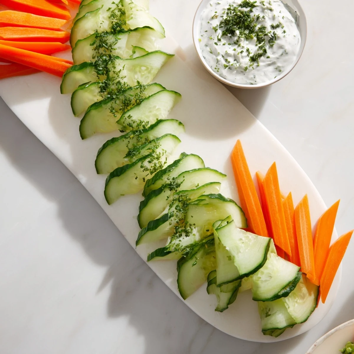 Fresh Veggie Platter with a fan shape and a cool, creamy dipping sauce, perfect for a refreshing party snack.