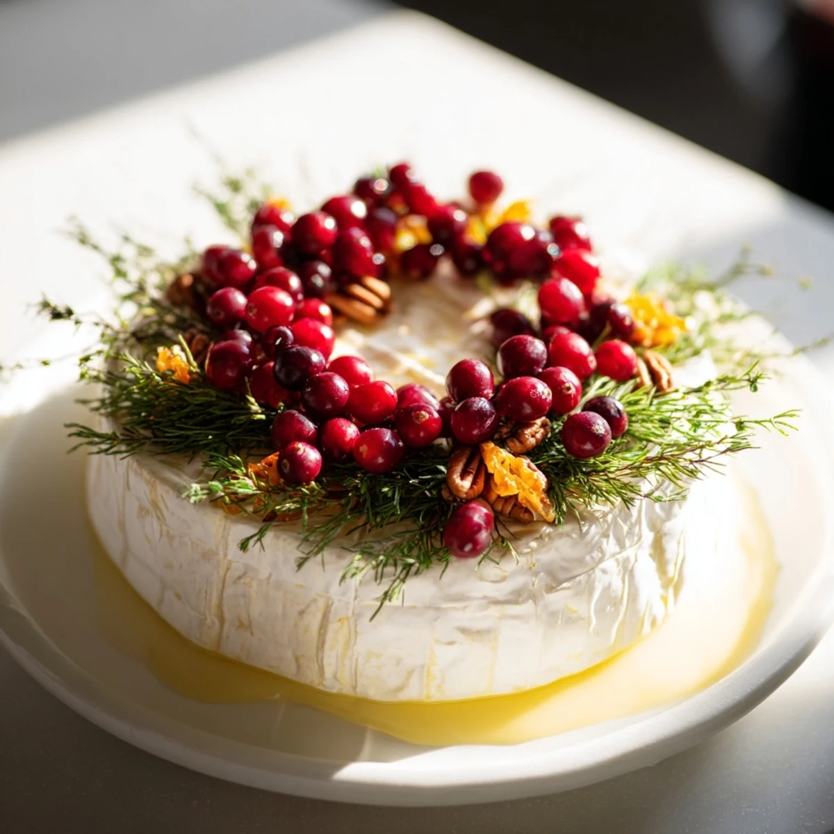 Creamy Brie cheese wheel with rosemary wreath, a festive appetizer ready to serve with crackers.