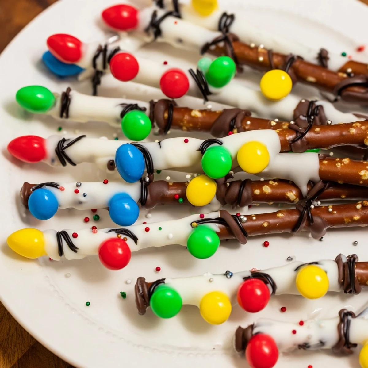 Homemade pretzel sticks and dip Christmas lights: Easy, quick snack with bright candy melts toppings.