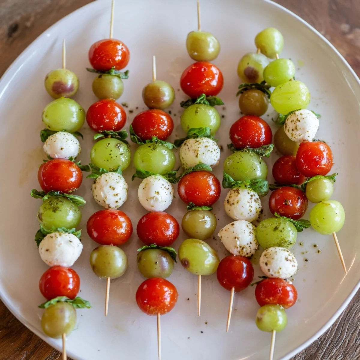 Red and Green Caprese Skewer Tree with vibrant tomatoes, mozzarella, and basil, ready to serve.