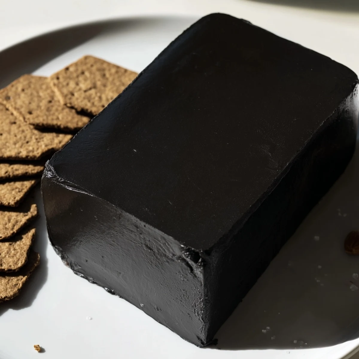 Dramatic "Obsidian Peak" cheese board with whole black wax cheddar and tempting dark rye crackers.