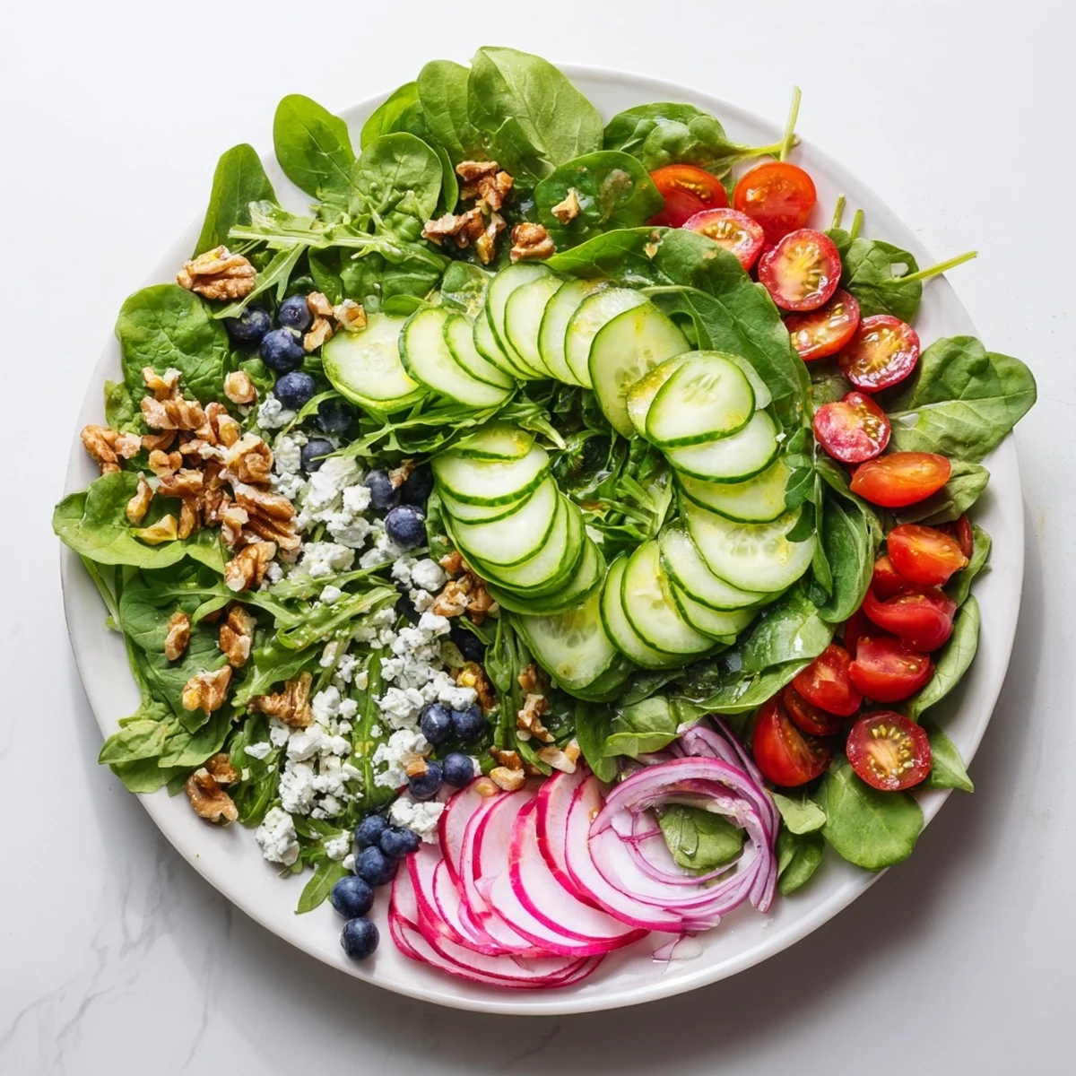 Vibrant Fibonacci fan salad: a beautiful display of fresh greens, tomatoes, and creamy avocado slices.