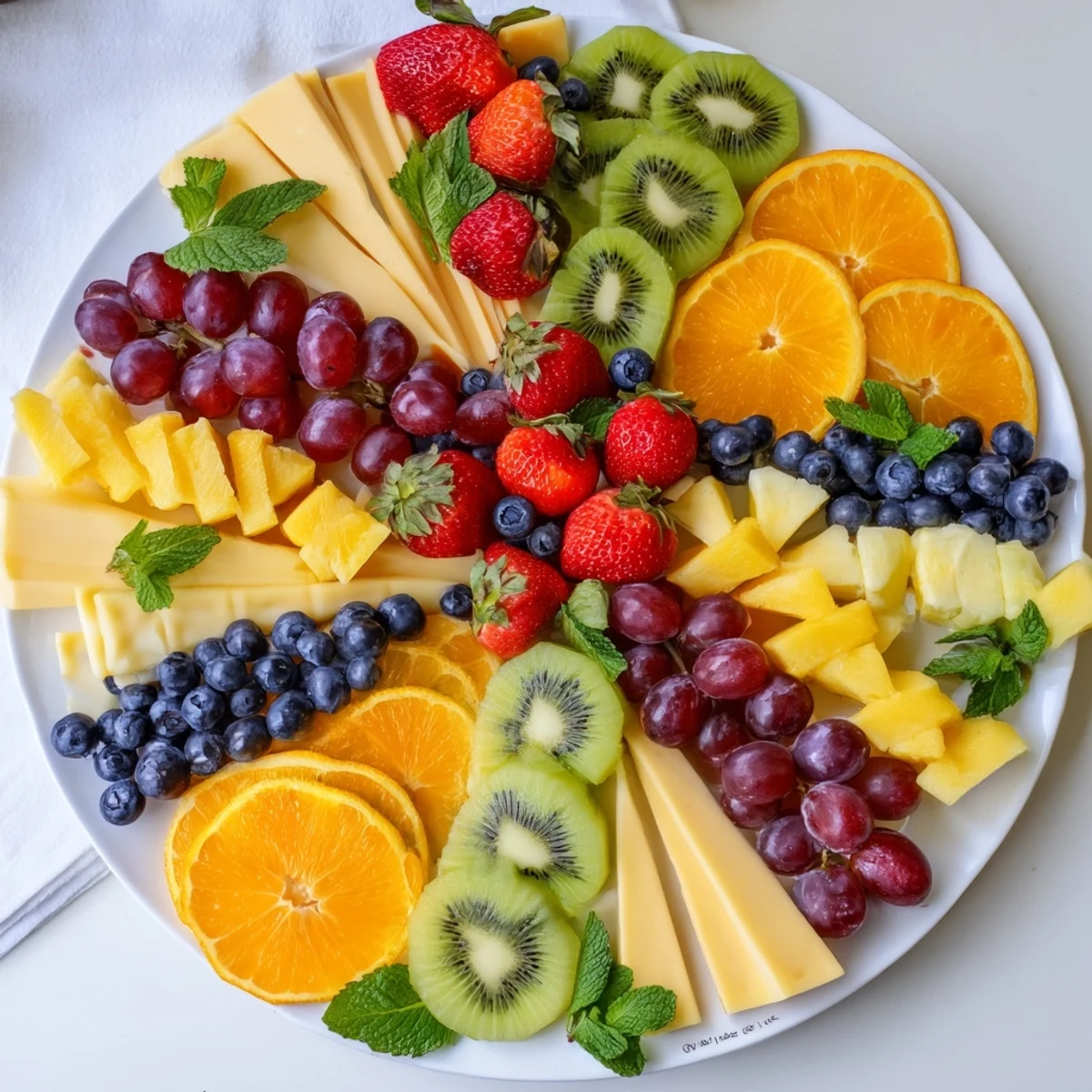 Vibrant wedges of fruit and cheese create a stunning kaleidoscope circle platter for sharing.