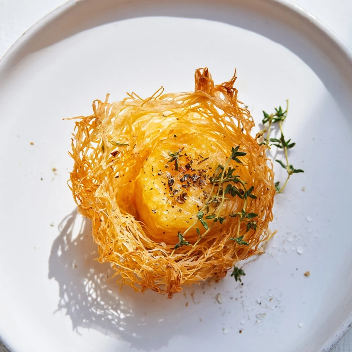 Golden, crispy The Rustic Barnyard appetizer with rustic cheeses and fresh thyme, ready to serve.