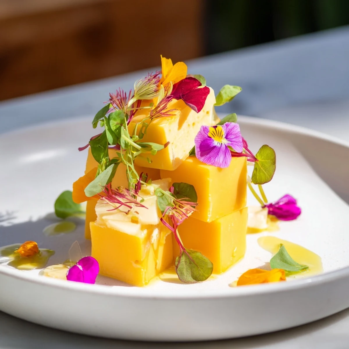 A vibrant Secret Garden appetizer, showcasing cheese cubes hidden by microgreens and edible flowers.