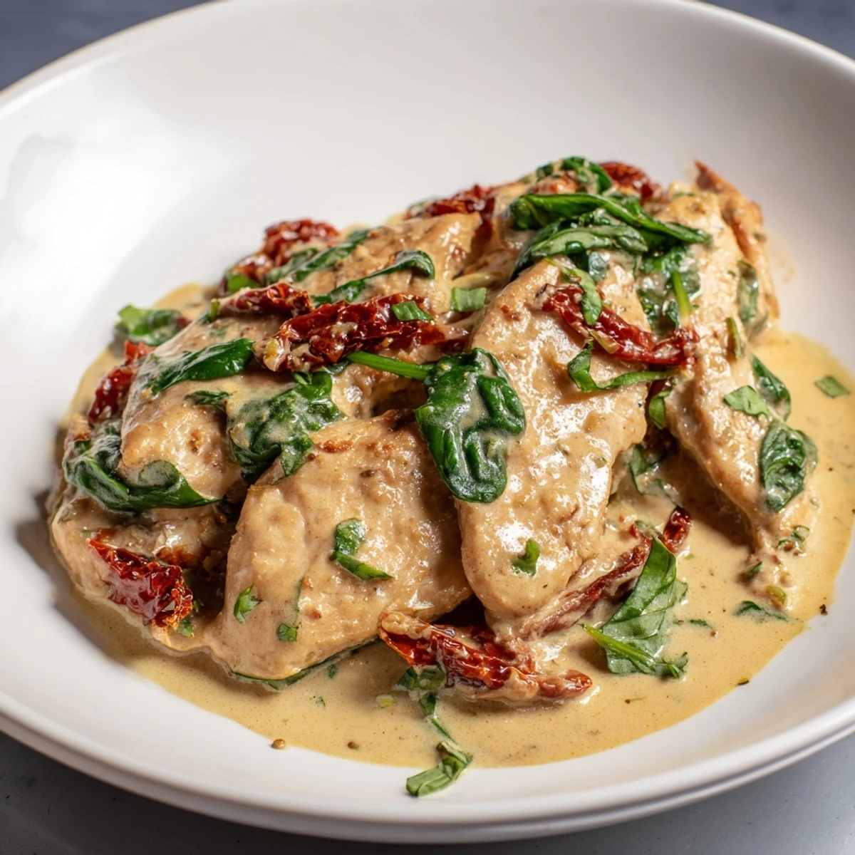 Creamy Sun-Dried Tomato Chicken Skillet, a vibrant skillet with chicken in a rich, tangy tomato sauce.