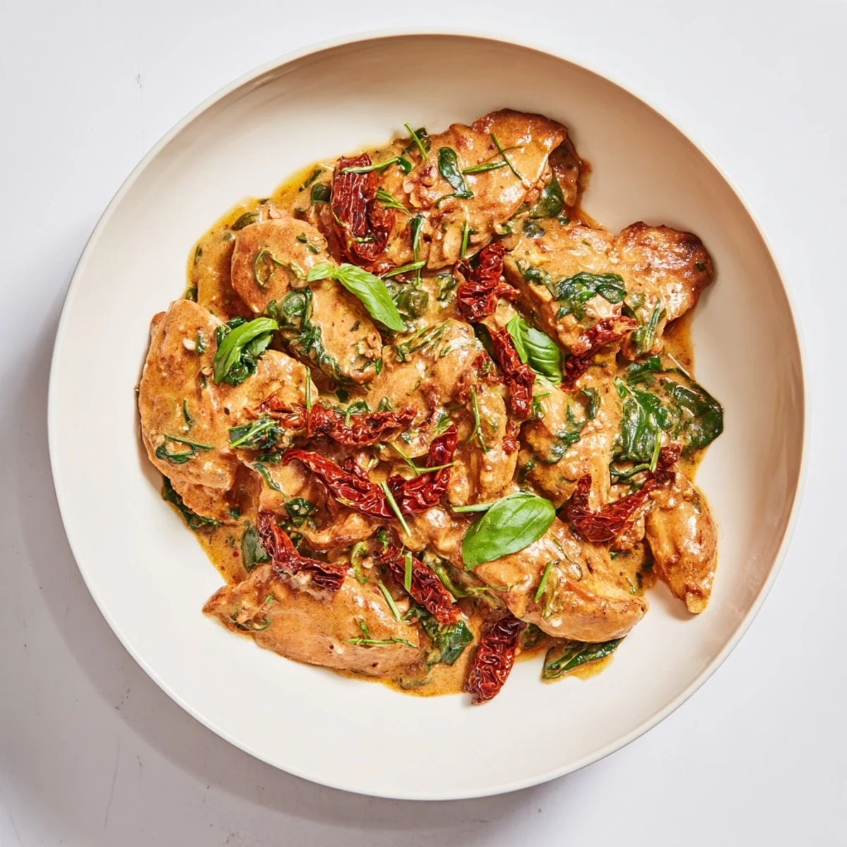 A close-up view of Creamy Sun-Dried Tomato Chicken Skillet, perfectly cooked and ready to serve.