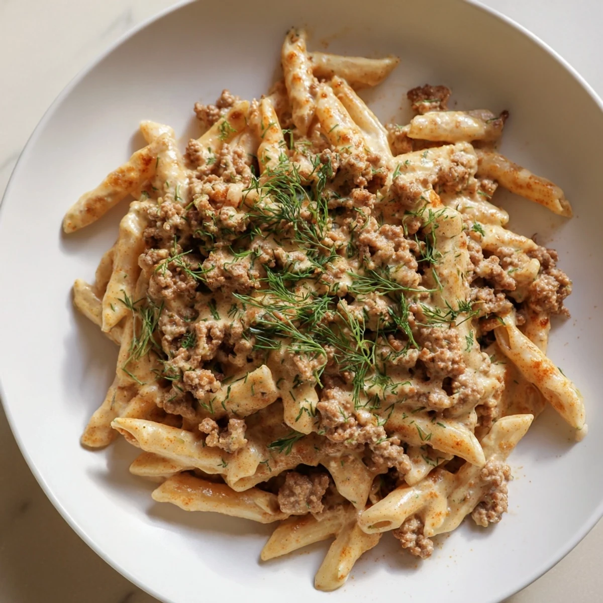 A close-up of flavorful Turkish Pasta with Ground Turkey: the savory dish in a bowl, steam rising.
