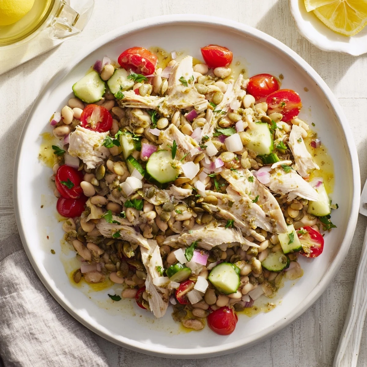 Dense Bean Salad with Lemon-Dill Chicken: A colorful, close-up photo of the finished salad with shredded chicken.