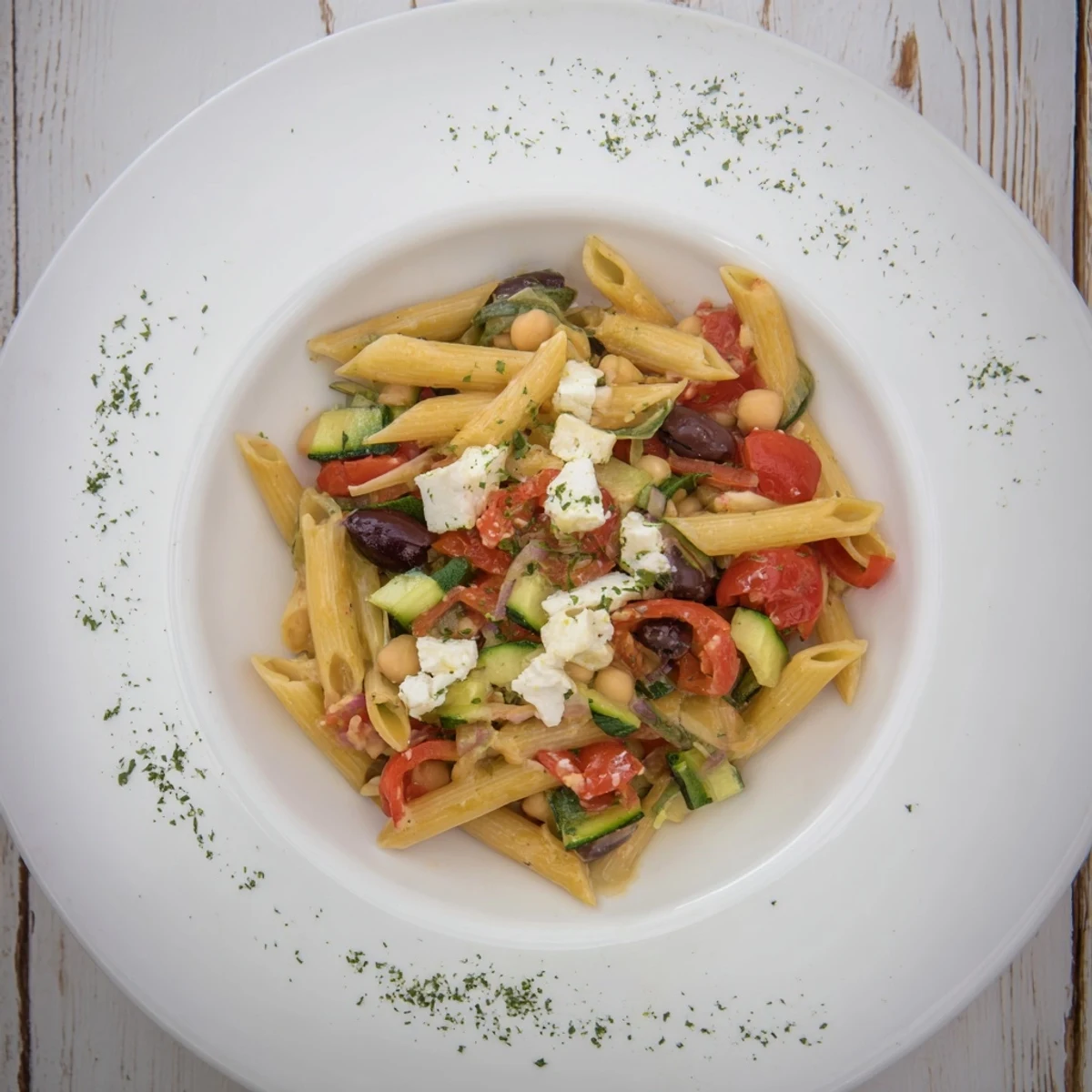 Mediterranean pasta salad with chickpeas, bursting with colorful veggies and creamy feta, ready to serve.