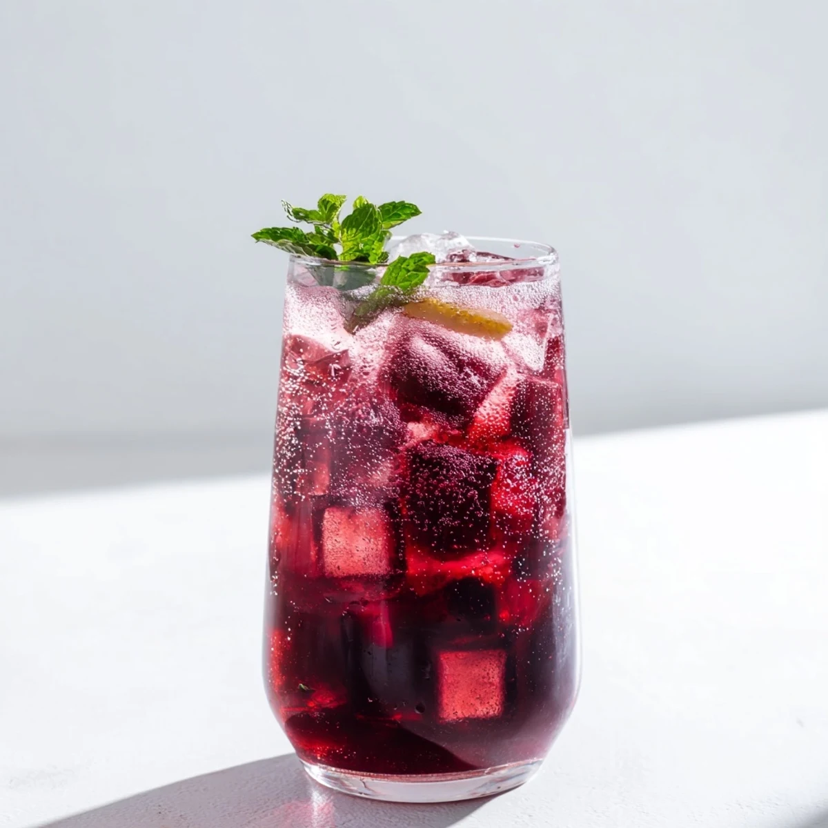 A vibrant Sleepy Girl Cherry Mocktail, a refreshing blend with ice, ready to sip before bed.