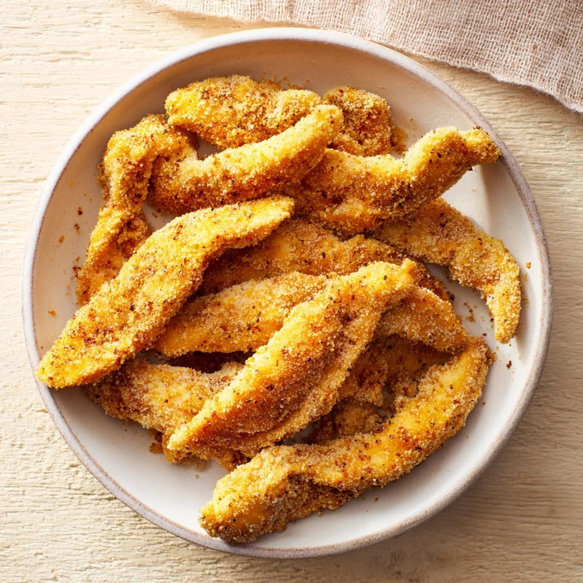 Freshly made air-fried chicken tenders with a crunchy, seasoned coating, perfect with salad.