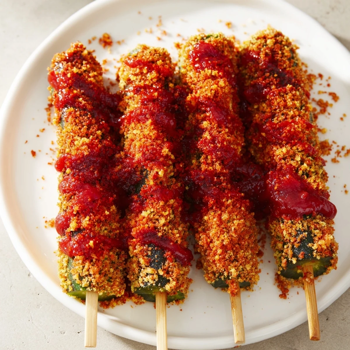 Chamoy-Tajín pickle sticks, glistening with chamoy and dusted with vibrant Tajín, ready to eat.
