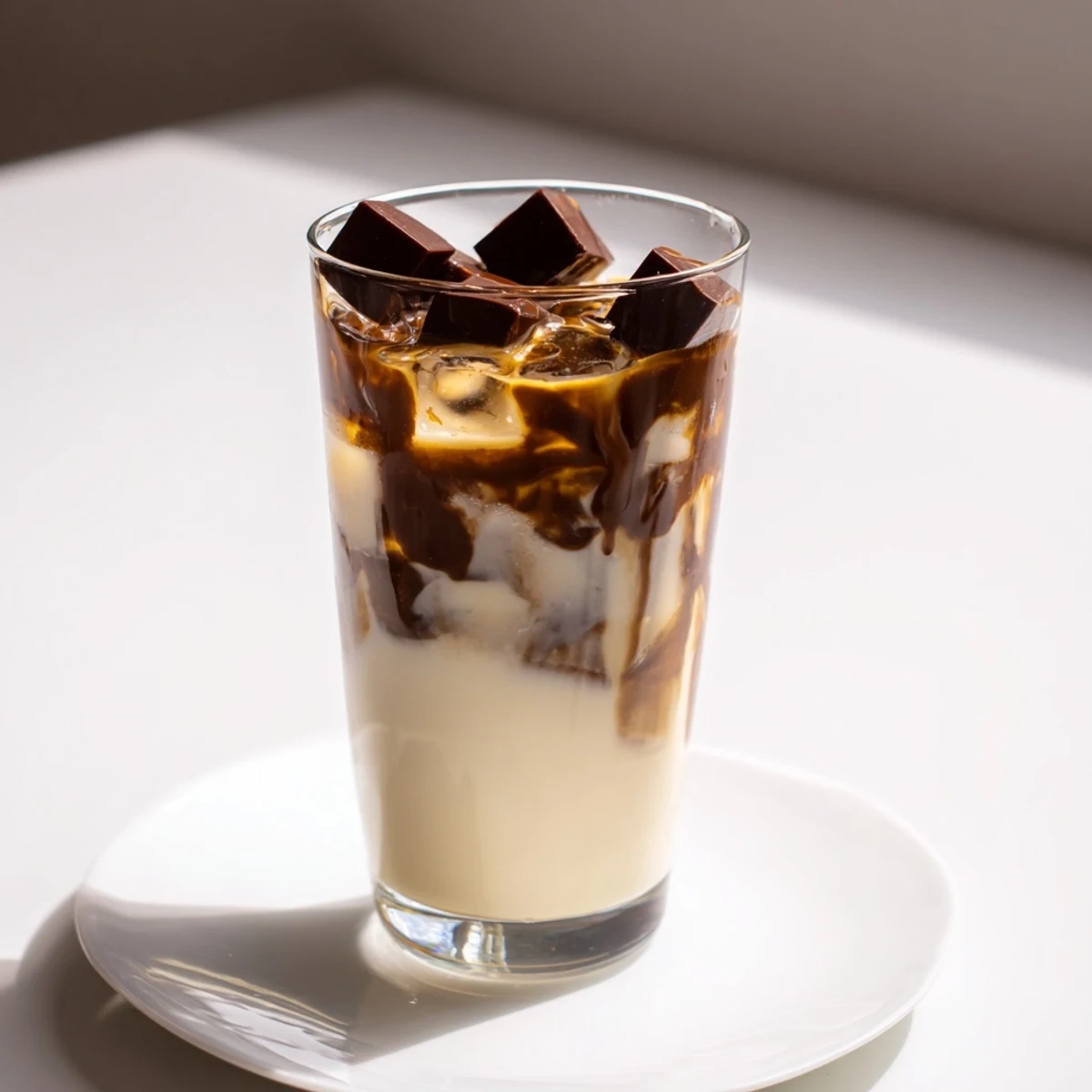Enjoy a refreshing Chocolate Cracking Iced Latte this is covered in a cracked chocolate top.