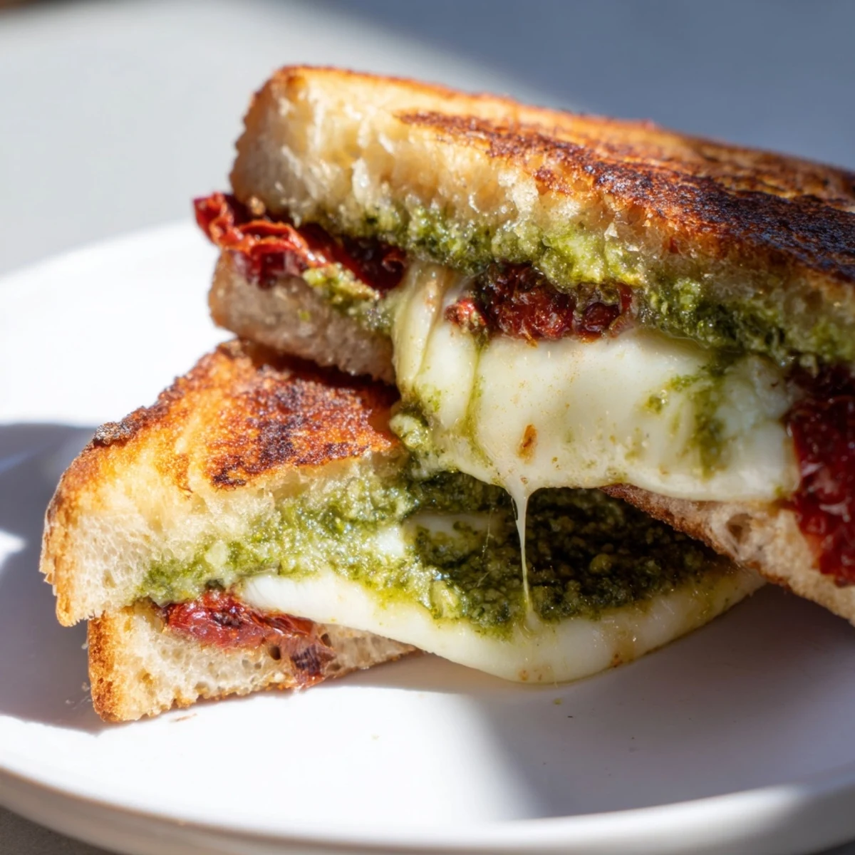 Close-up of a delicious pesto grilled cheese, showing the melted cheese and a bite of sun-dried tomatoes.