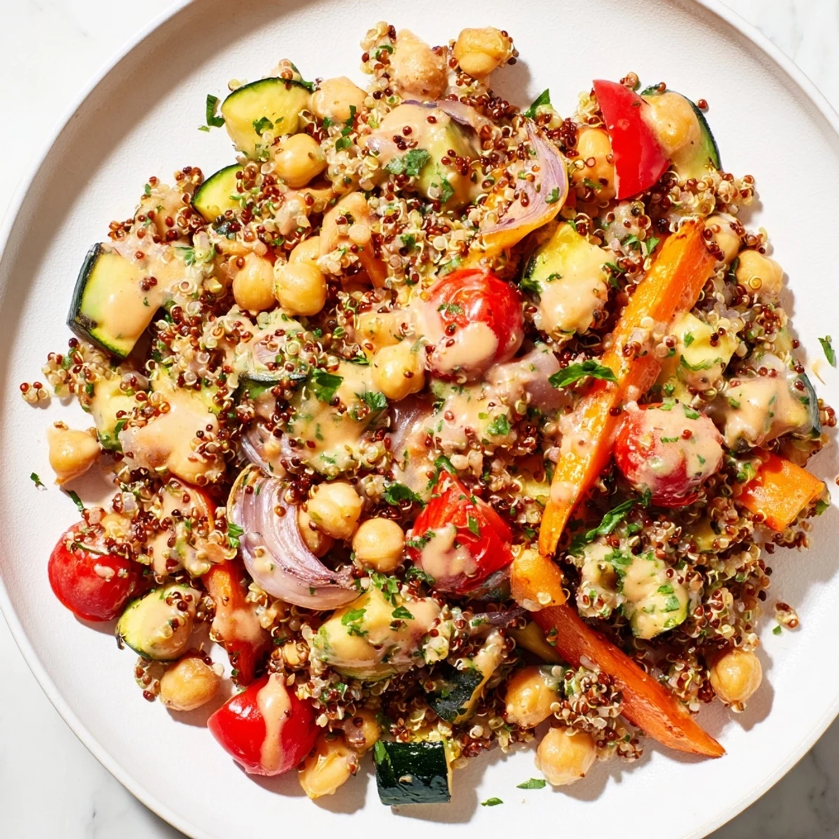 Freshly tossed Quinoa Power Salad, overflowing with fluffy quinoa and colorful, roasted produce.