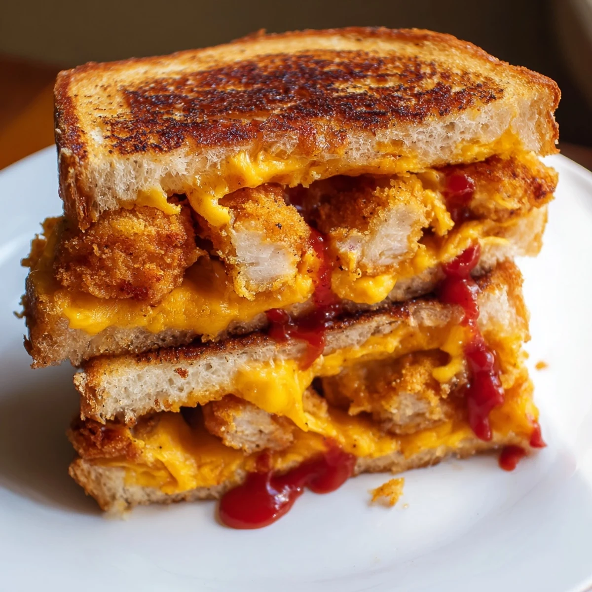 Crispy chicken nugget grilled cheese sandwich with melted cheese and golden, toasted bread.