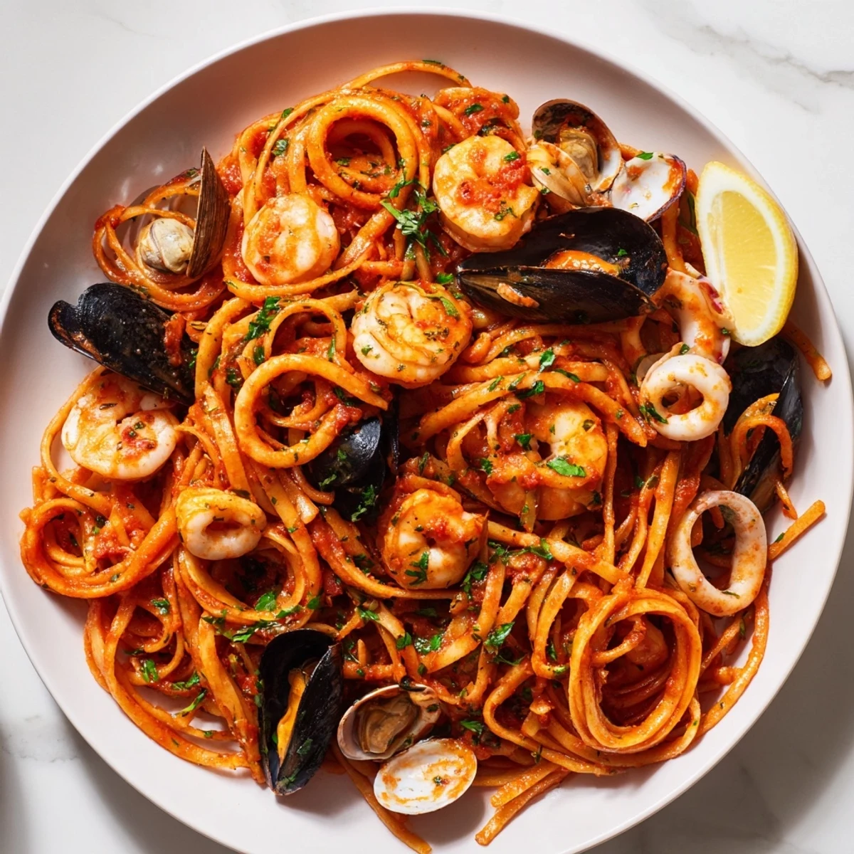 A steaming plate of Seafood Marinara Pasta, a classic Italian seafood delight, ready to be enjoyed.