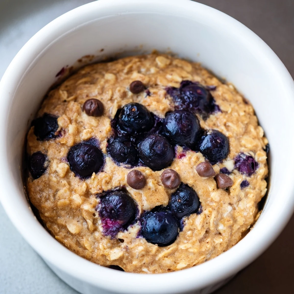 A steaming ramekin of blueberry baked oats ready to be enjoyed as a tasty breakfast.