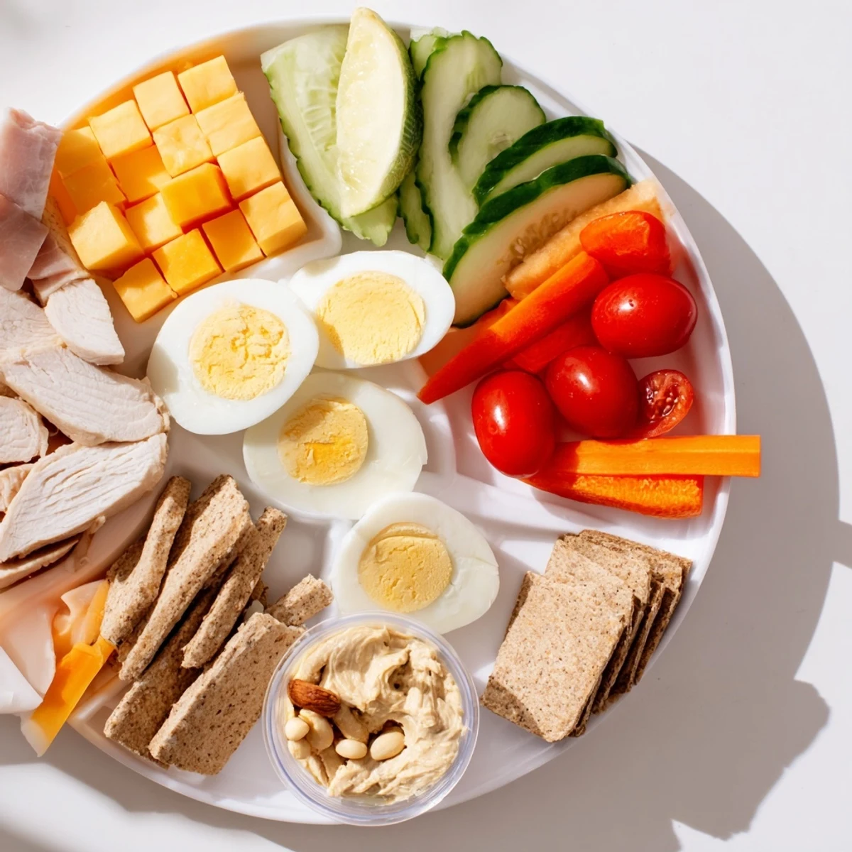 Protein snack boxes with chicken, cheese, veggies, and hummus, perfect for a quick and healthy lunch.