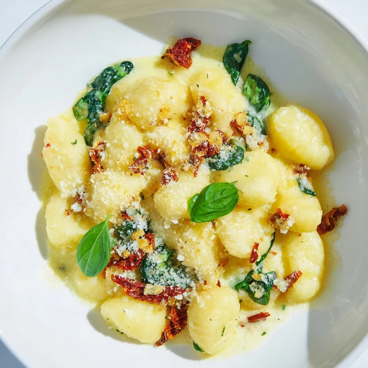 Creamy Tuscan Gnocchi in a skillet with sun-dried tomatoes and spinach, ready to serve.