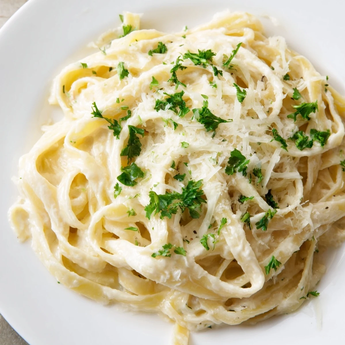 Quick and easy Pasta Alfredo Cottage Hack, a light Italian-American meal, perfectly served with parsley.