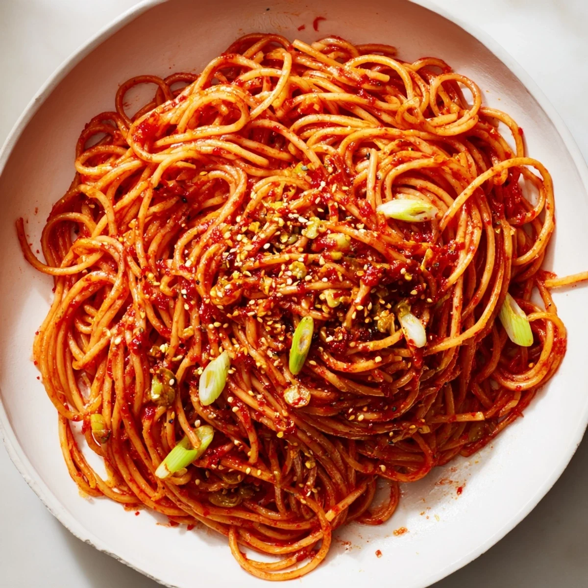 Garlic Chili Oil Noodles: a steaming bowl of flavorful noodles, glistening with chili oil and scallions.