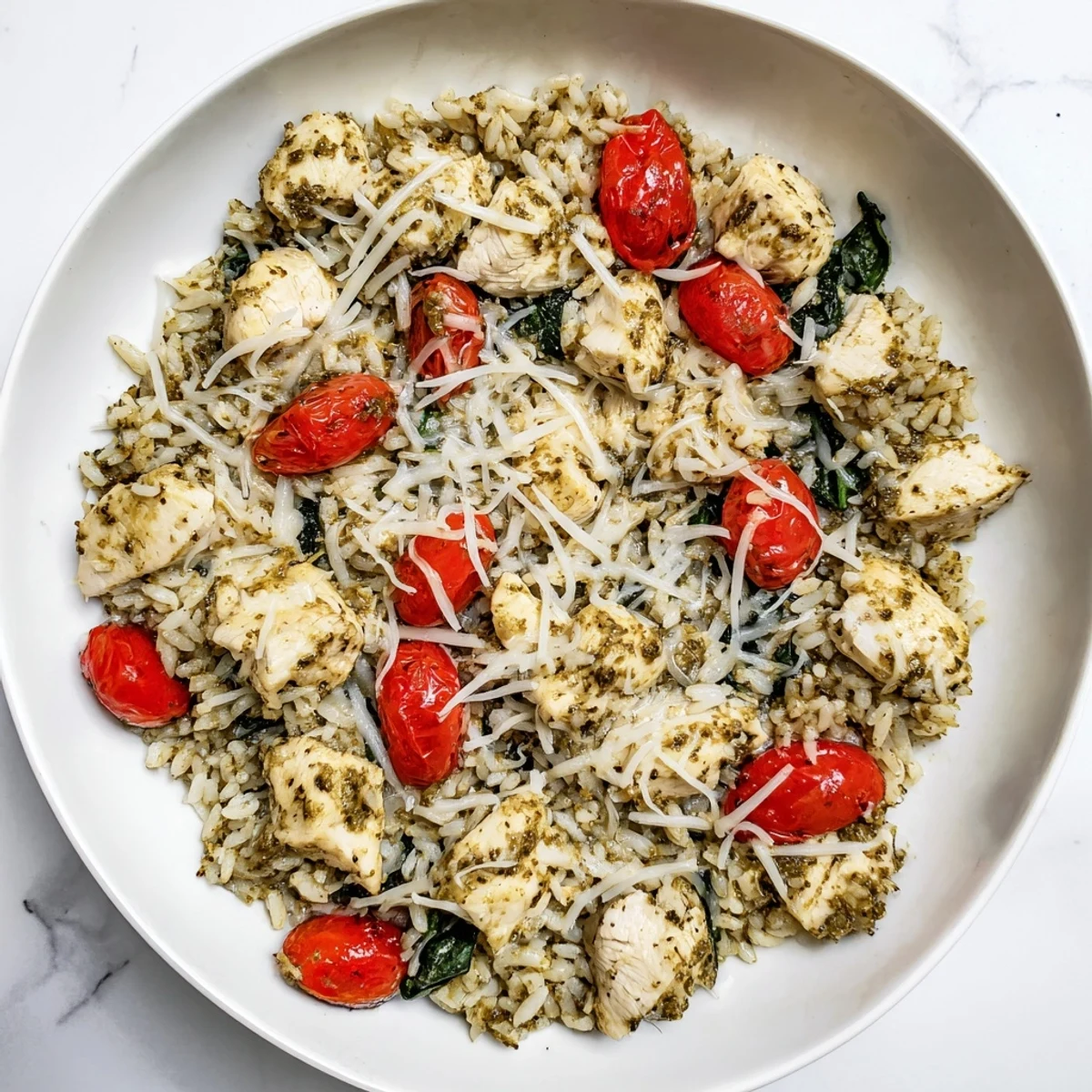 This creamy Chicken Pesto Rice Bake features tender chicken, flavorful pesto, and a cheesy, baked crust.