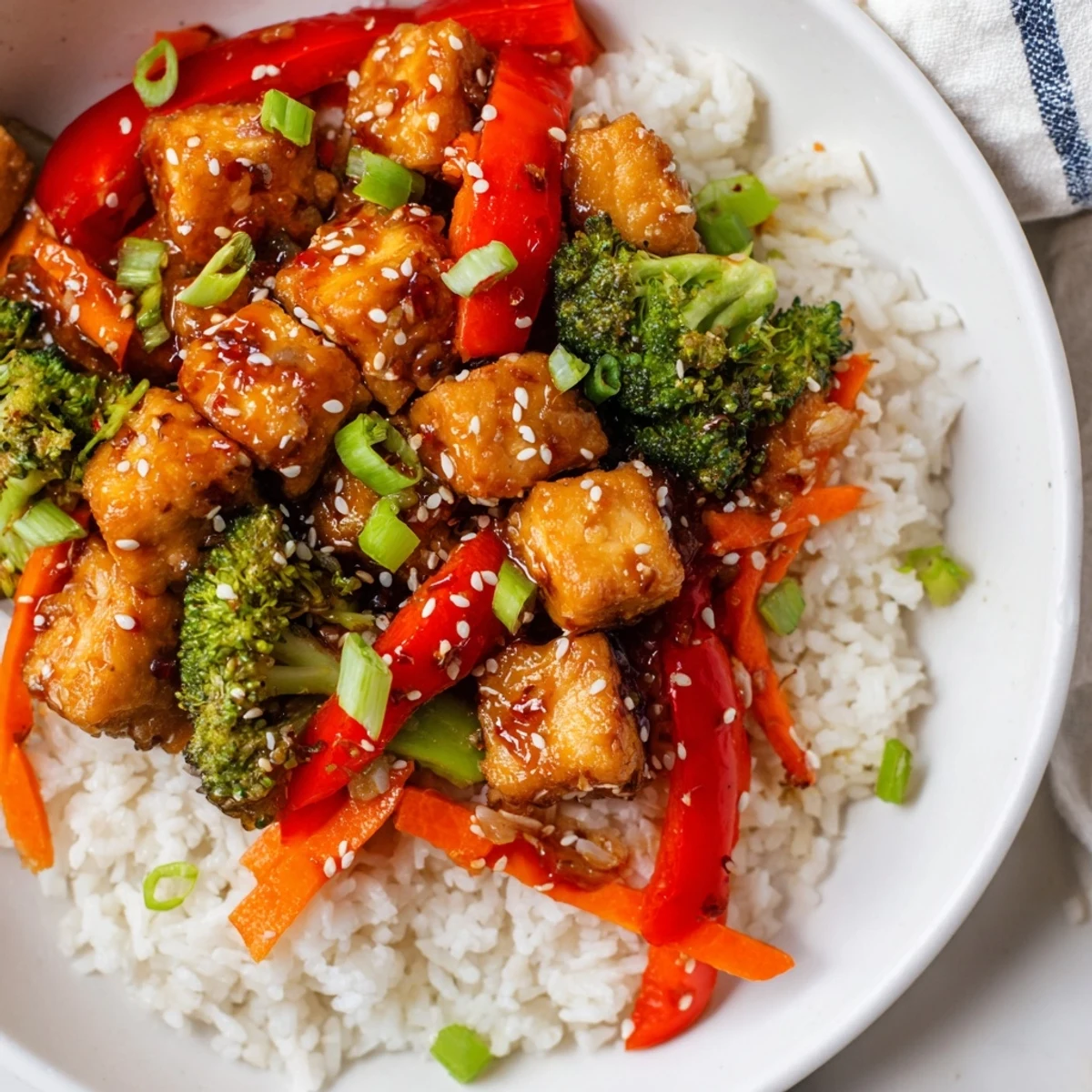 Crispy Honey Garlic Tofu Bowls, with glistening sauce over vibrant vegetables and fluffy rice.