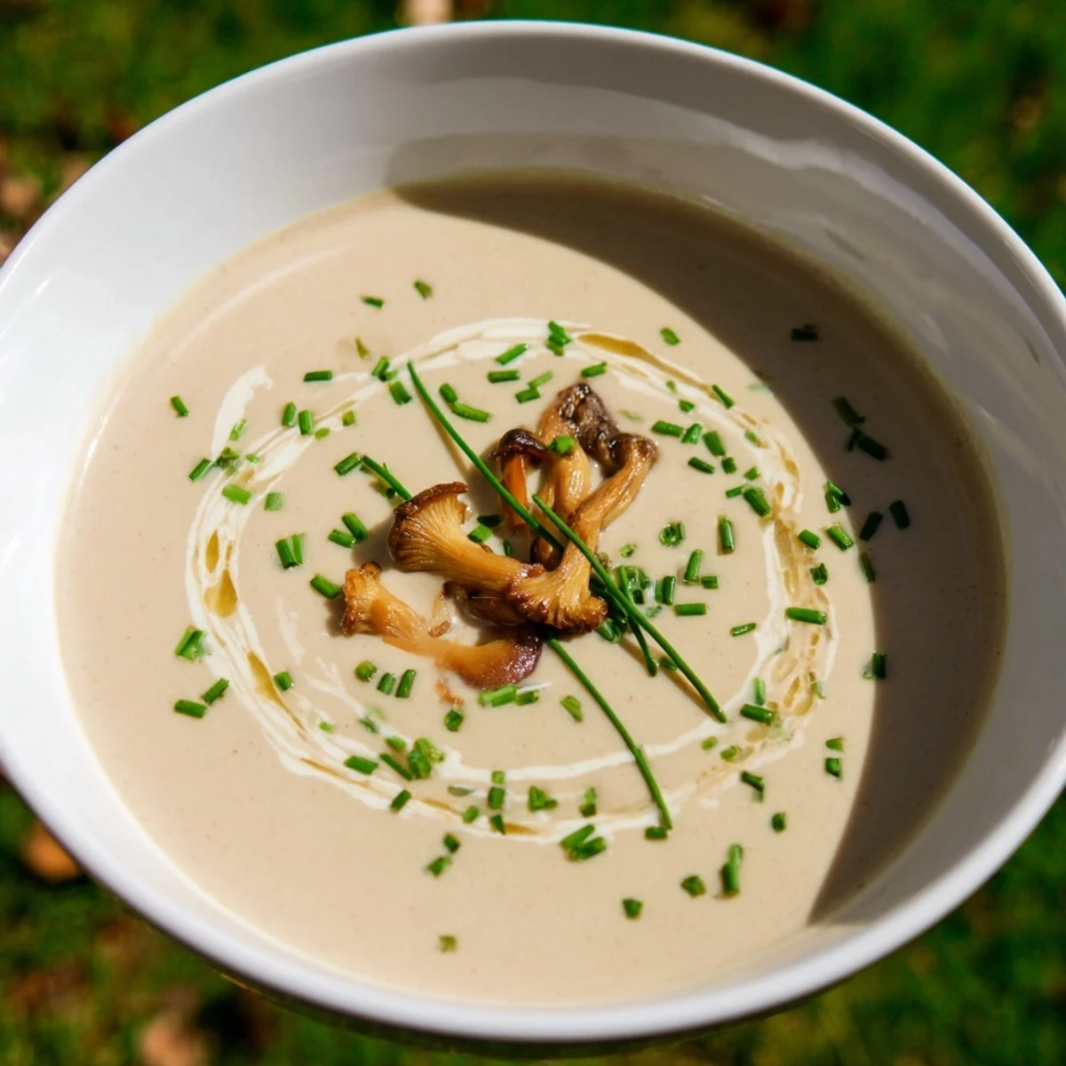 A steaming bowl of creamy mushroom bisque, garnished with fresh herbs, ready to enjoy.