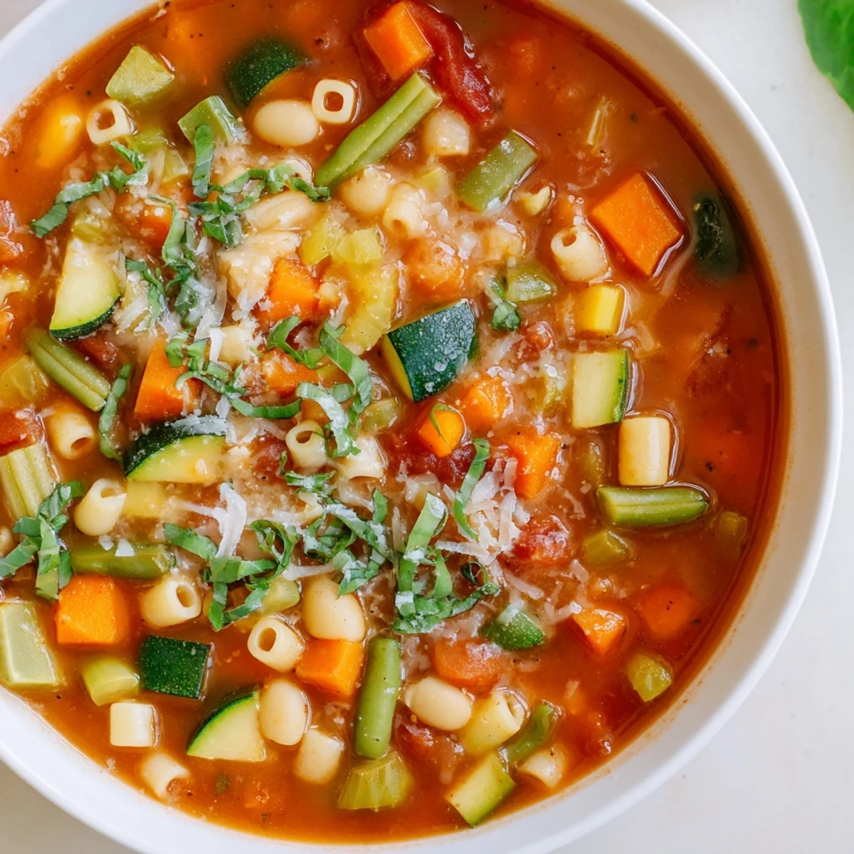 A steaming bowl of Tomato Basil Minestrone, filled with vegetables and pasta, ready to eat.
