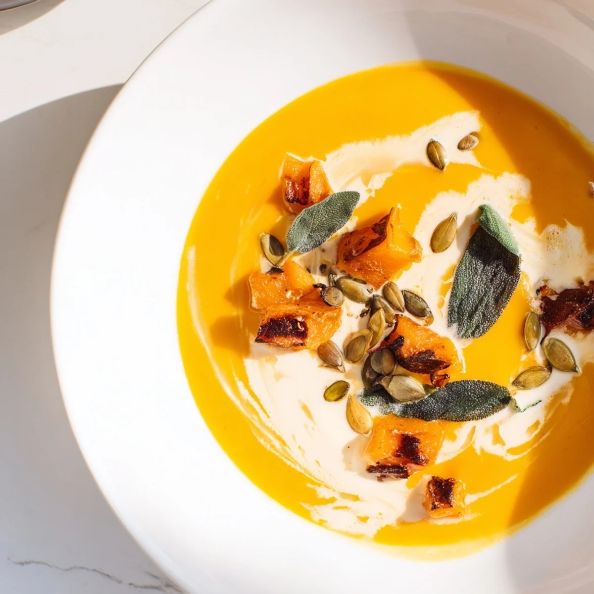 Creamy butternut squash soup with a swirl of cream, ready to be served warm.