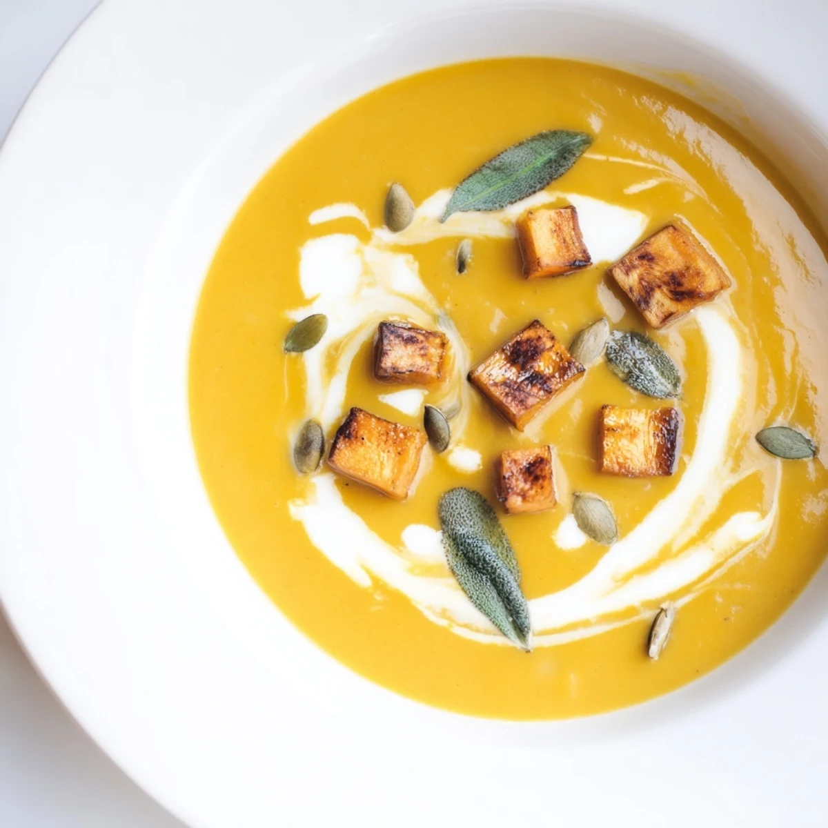 Close-up of a bowl of homemade butternut squash soup, garnished with roasted seeds and herbs.